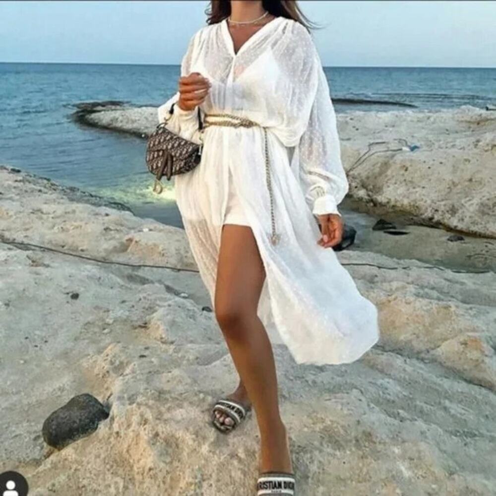 Zara Polka-Dot Textured Semi Sheer Kaftan